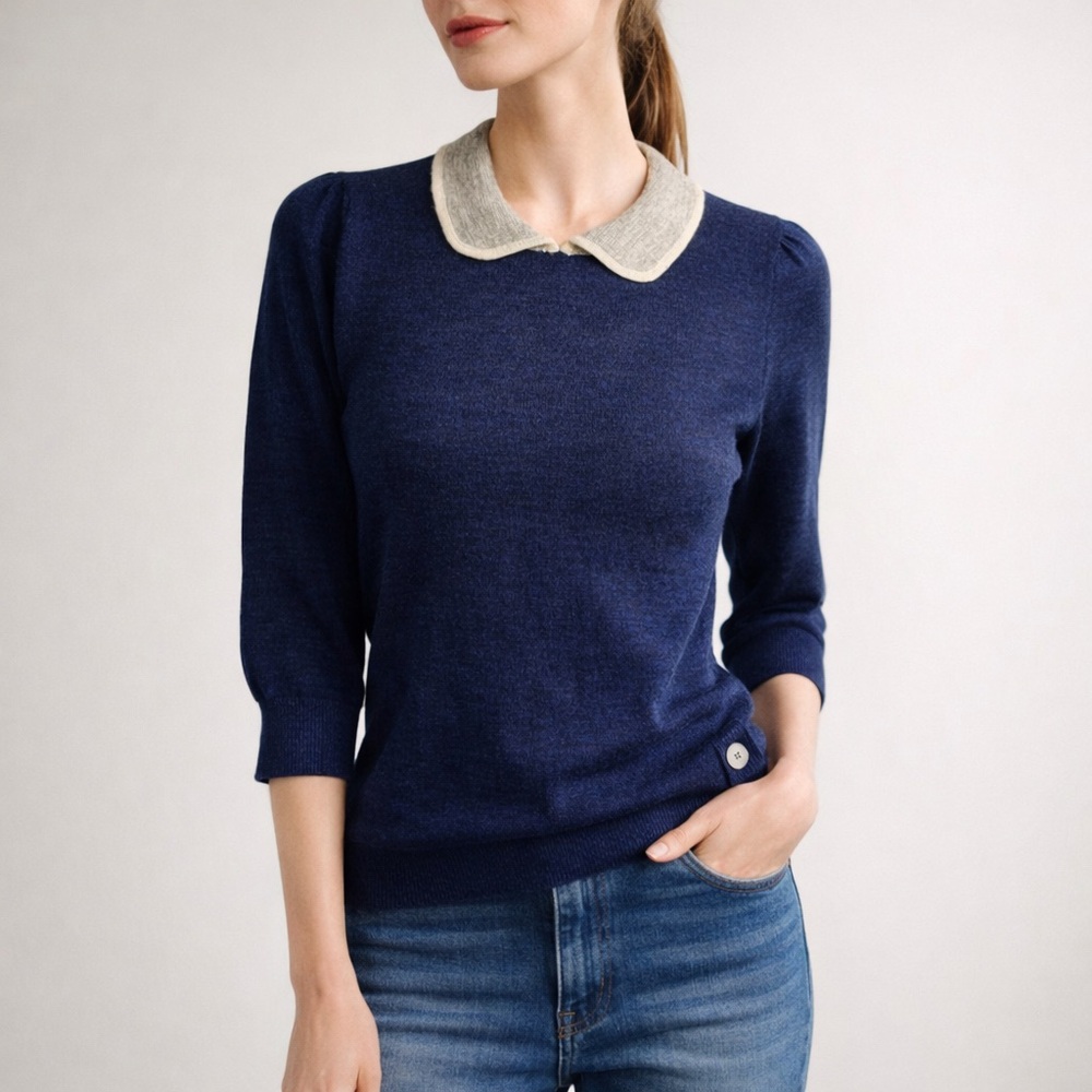 J.Crew Wool Sweater | Peter Pan Collar | Navy & Gray | Size S